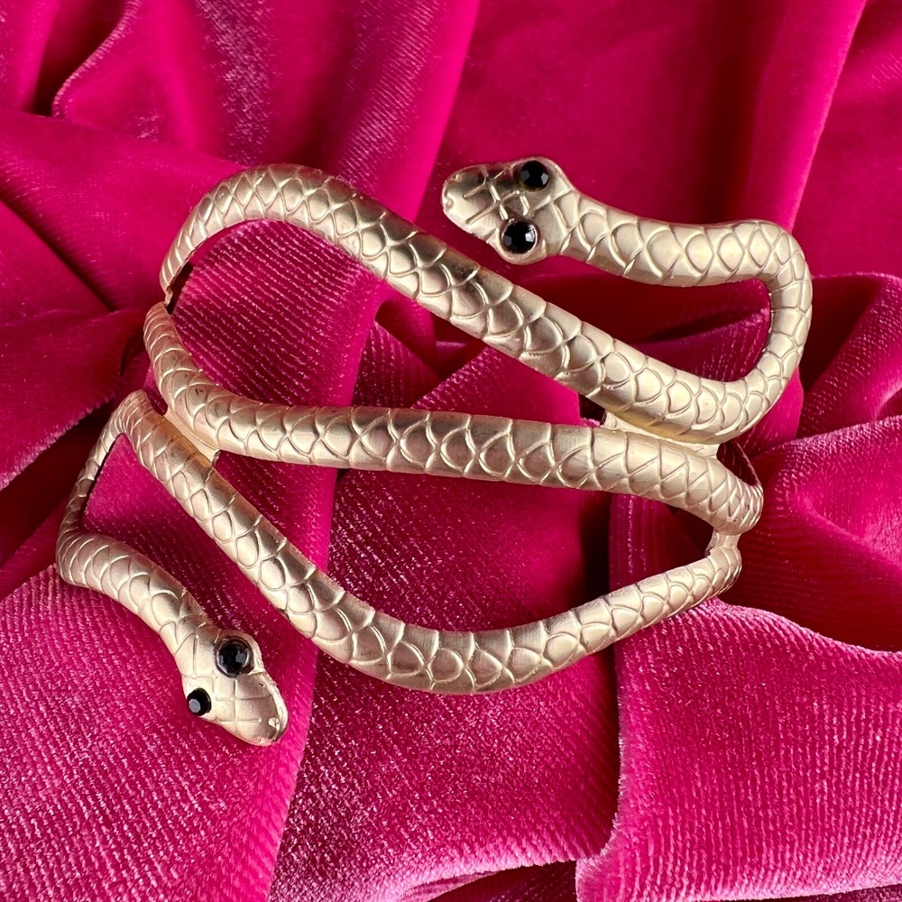Gold Tone (matte) Double Headed Snake Bracelet with Black Rhinestone Eyes NWOT